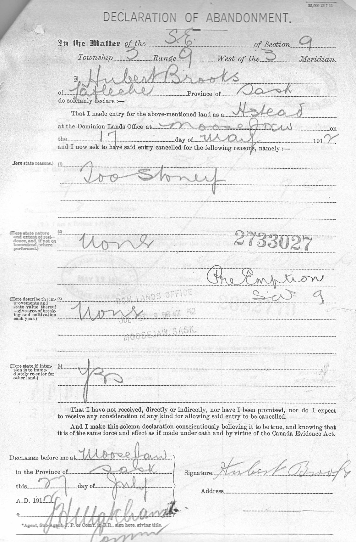 Document for ABANDONMENT of Homestead application in Lafleche Saskatchewan - Hubert Brooks